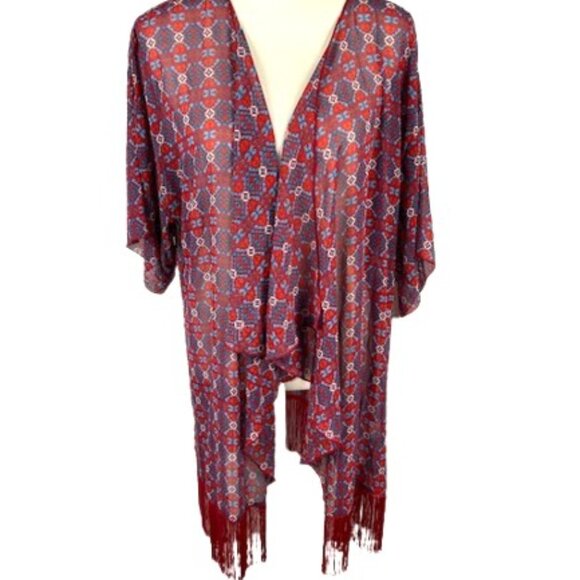 LuLaRoe Monroe Kimono Large Bohemian Chiffon Fringe Red White Blue New With Tags - Picture 5 of 5